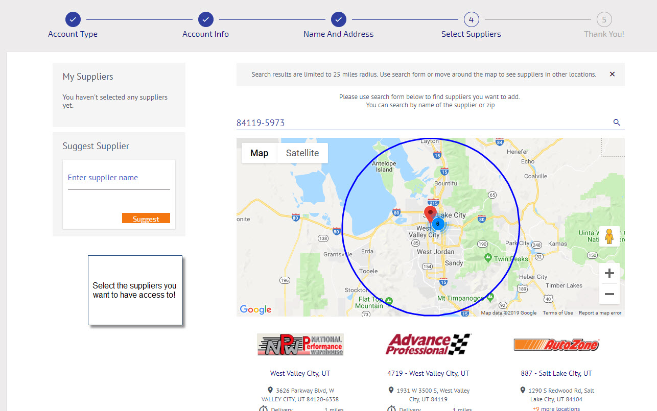 Workshop Software screen showing the really cool thing you can now do is select the suppliers within a 25 mile...