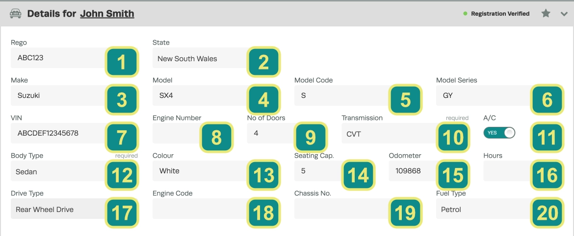 A cropped screenshot of a vehicles data fields, each is numbered.