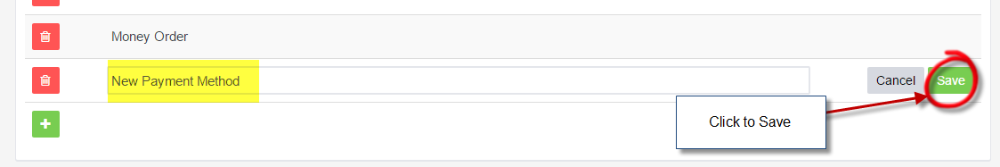 Payment Methods with a new method name typed in and the Save button circled beside a Click to Save callout
