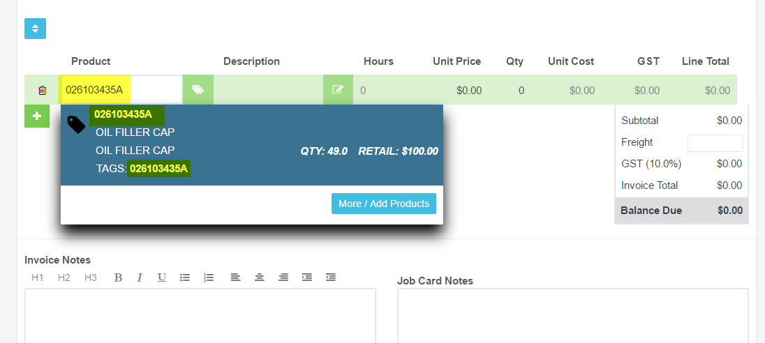 Workshop Software screen showing to enter a stock item/labour code onto a customer invoice, enter either the i...