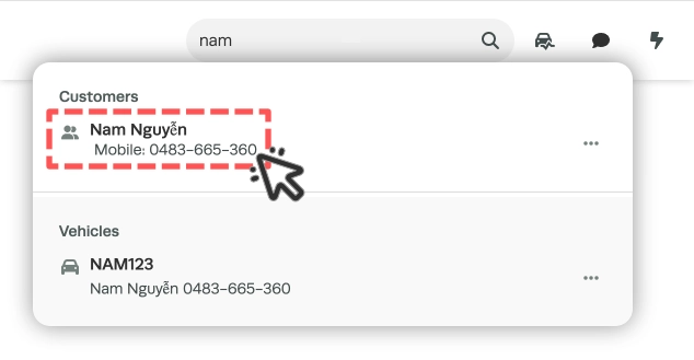 A screenshot of Workshop Software's main search bar showing how to search for and select a Customer.
