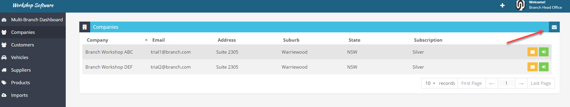 Workshop Software screen showing you can do this by clicking the 'envelope' button on the top right hand side