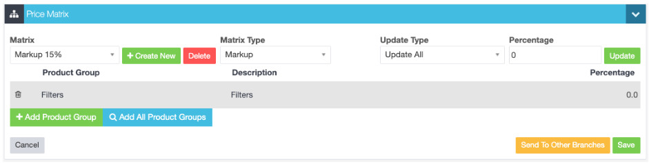 A cropped screenshot of Workshop Softwares Price Matrix Screen as it appears for a Multi-branch user.