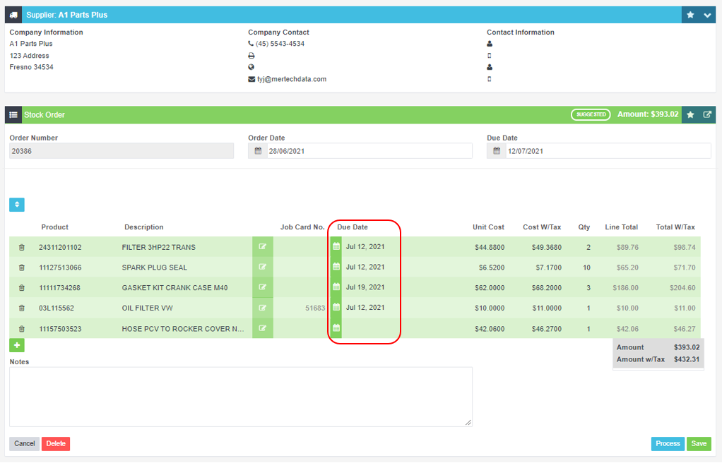 Workshop Software screen showing at the time of entering product items in your stock order there is a " due da...