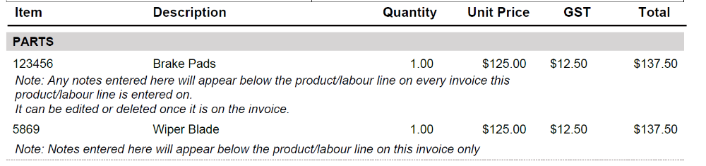 Workshop Software screen showing the notes will appear on the printed invoice as per below