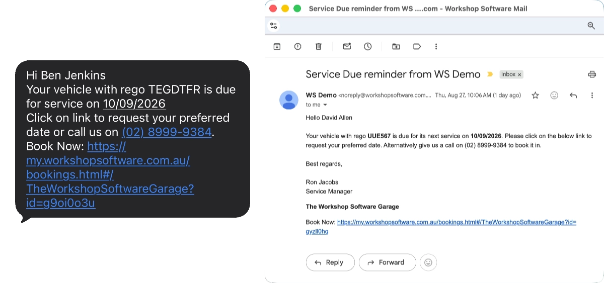 Two screenshots of a Gmail window and SMS message showing how the Booking URL appears in reminder messages.