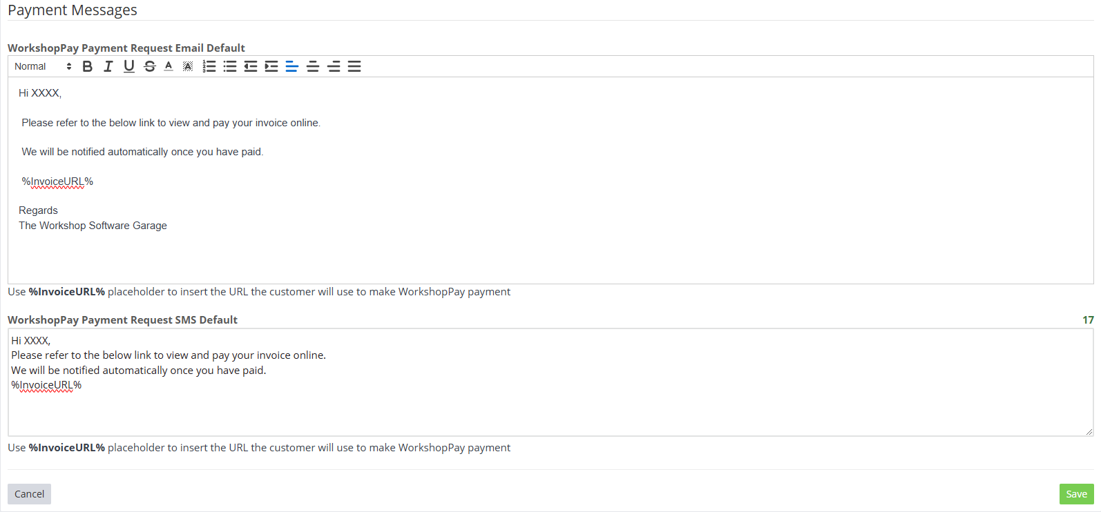 Workshop Software screen showing these messages will load up automatically when sending out a payment request