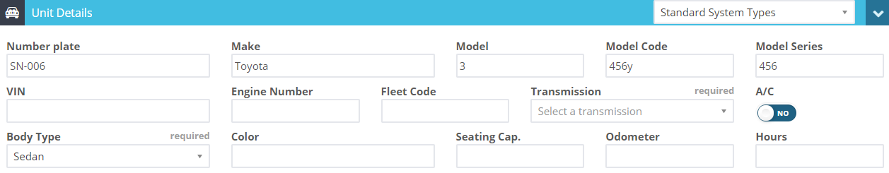 Unit Details screen showing number plate, make, model, VIN and body type fields