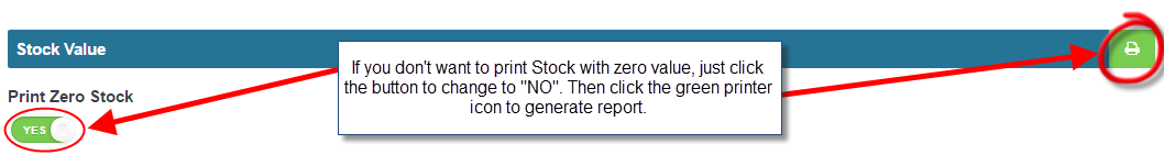 Workshop Software run a stock value report showing 'green printer' icon to generate the report, it will open in a new tab ...