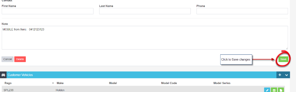 Customer details with the Save button circled and the customer vehicles list below