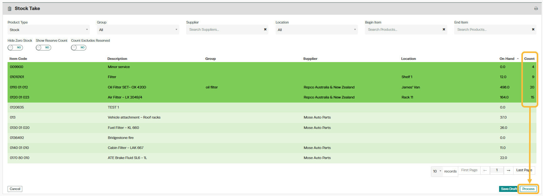 Workshop Software screen showing when you have completed the stock take, click on the 'process' icon at the bo...