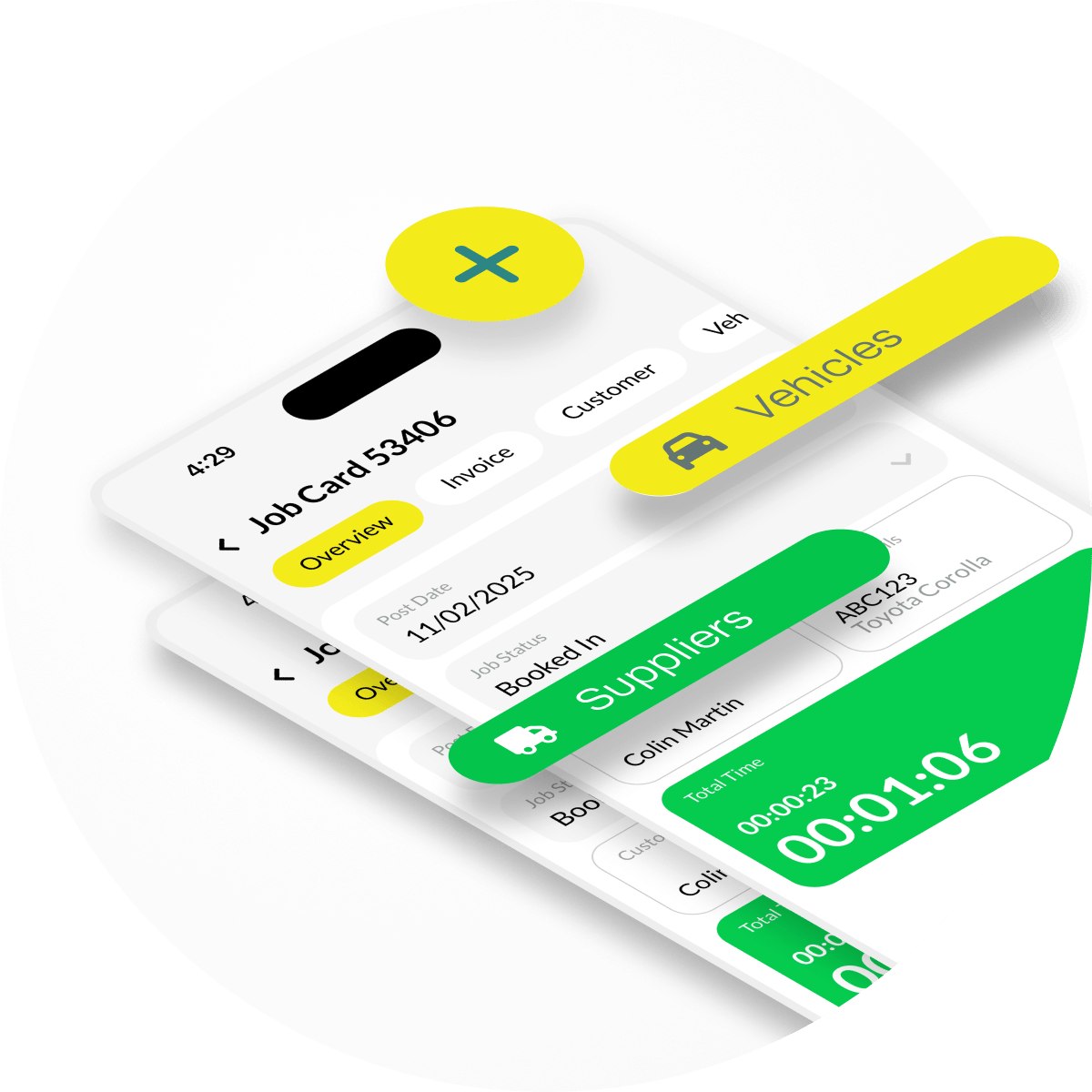 Workshop Software mobile app showing Job Cards, Suppliers and Vehicles features