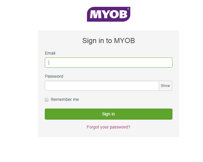 MYOB sign in screen with the email and password fields and the Sign in button