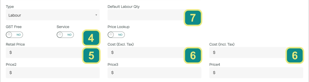 A cropped screenshot of a Product, the Service toggle, Retail Price, Cost and Default Labour Qty fields are numbered.