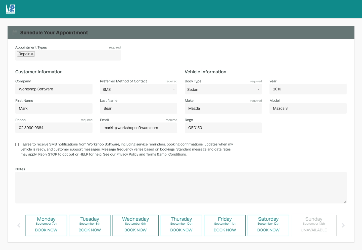 A screenshot of the customer facing Public Booking Page with Customer Details entered before submission.