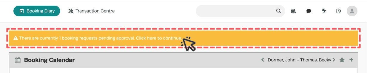 A screenshot of the notification that appears in a users Dashboard and Booking Diary when pending Booking Request are present.