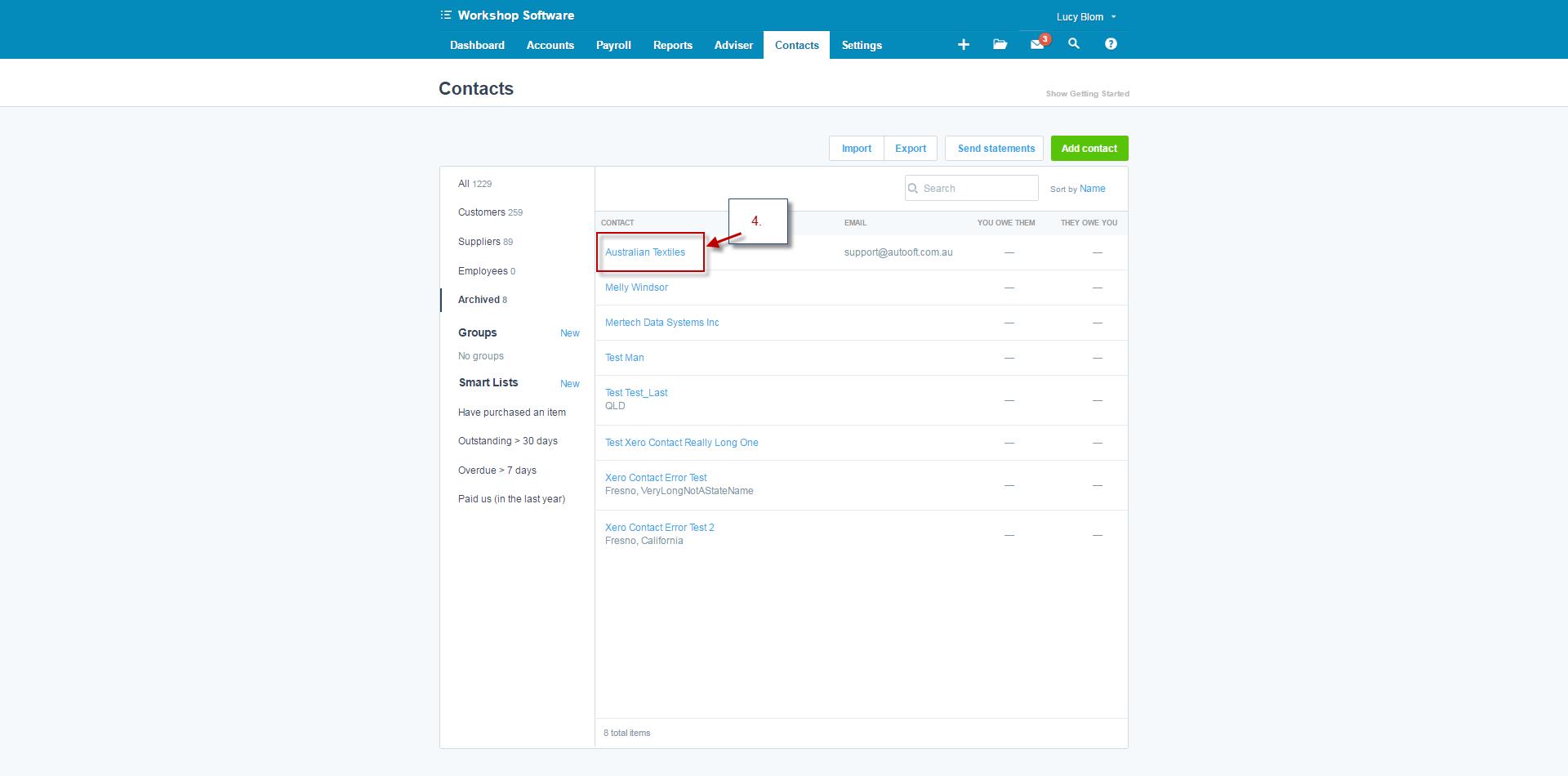 Archived customer record selected in Xero matching the sync error contact name