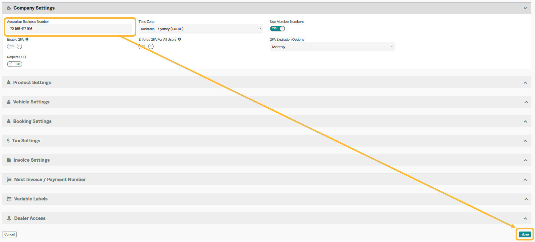 Workshop Software screen showing once your abn has been entered, scroll down to the bottom of the page and cli...