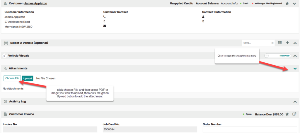 Workshop Software add an attachment to an invoice showing blue 'choose file' icon to select which document you want to upl...