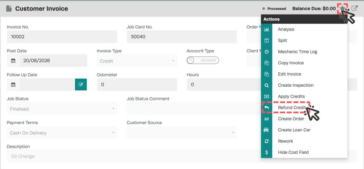 A screenshot of a Customer Credit, cursors indicate to click the Star icon then choose Refund Credit.