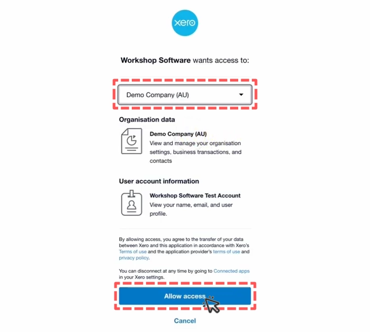 A screenshot of the Xero Allow Access screen, the Organisation selection box is highlighted and a cursor indicates to click Allow access.