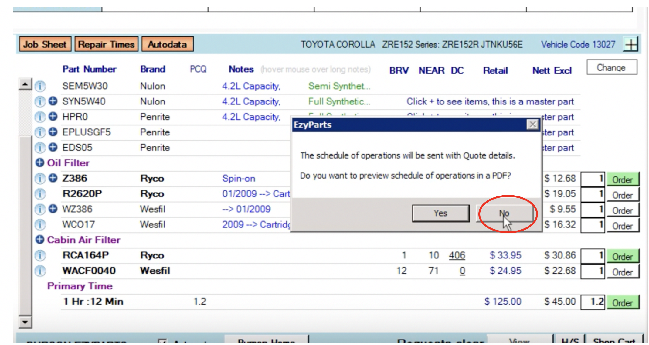 Workshop Software screen showing this will still tell the system that you would like the job sheet information...