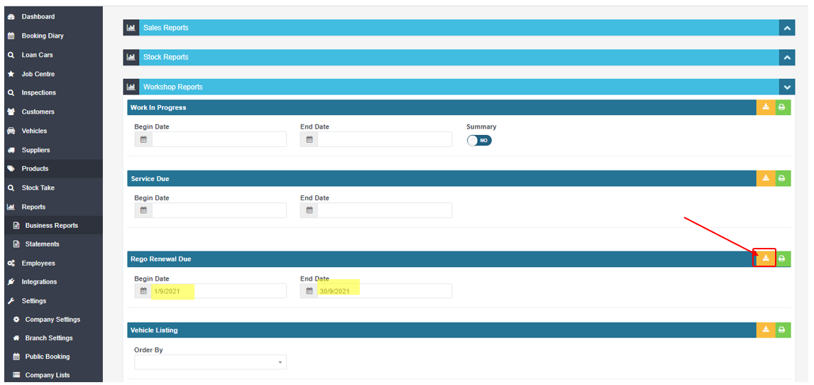 Workshop Software screen showing then click on the yellow 