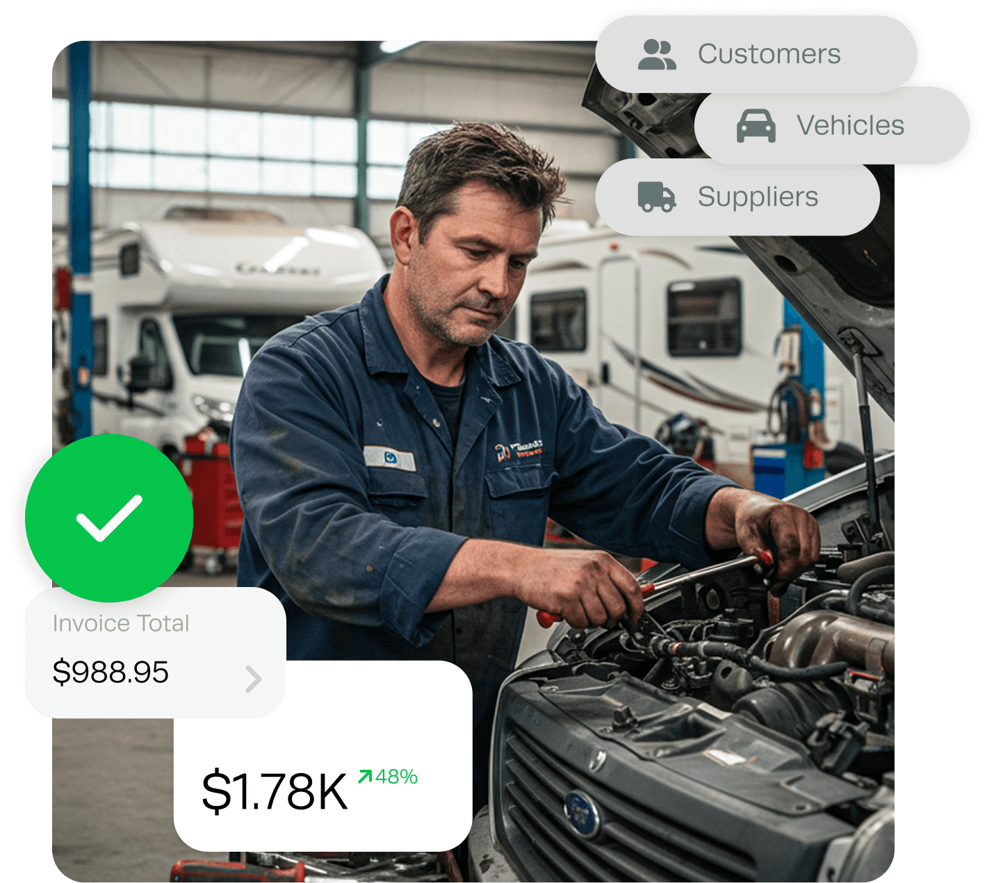 Mechanic working on vehicle with Workshop Software invoice and growth dashboard overlay
