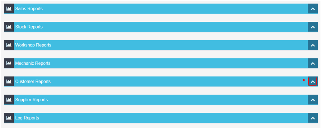 Workshop Software how to run a report to get a full list of your customers showing blue arrow icon to the far right of the...