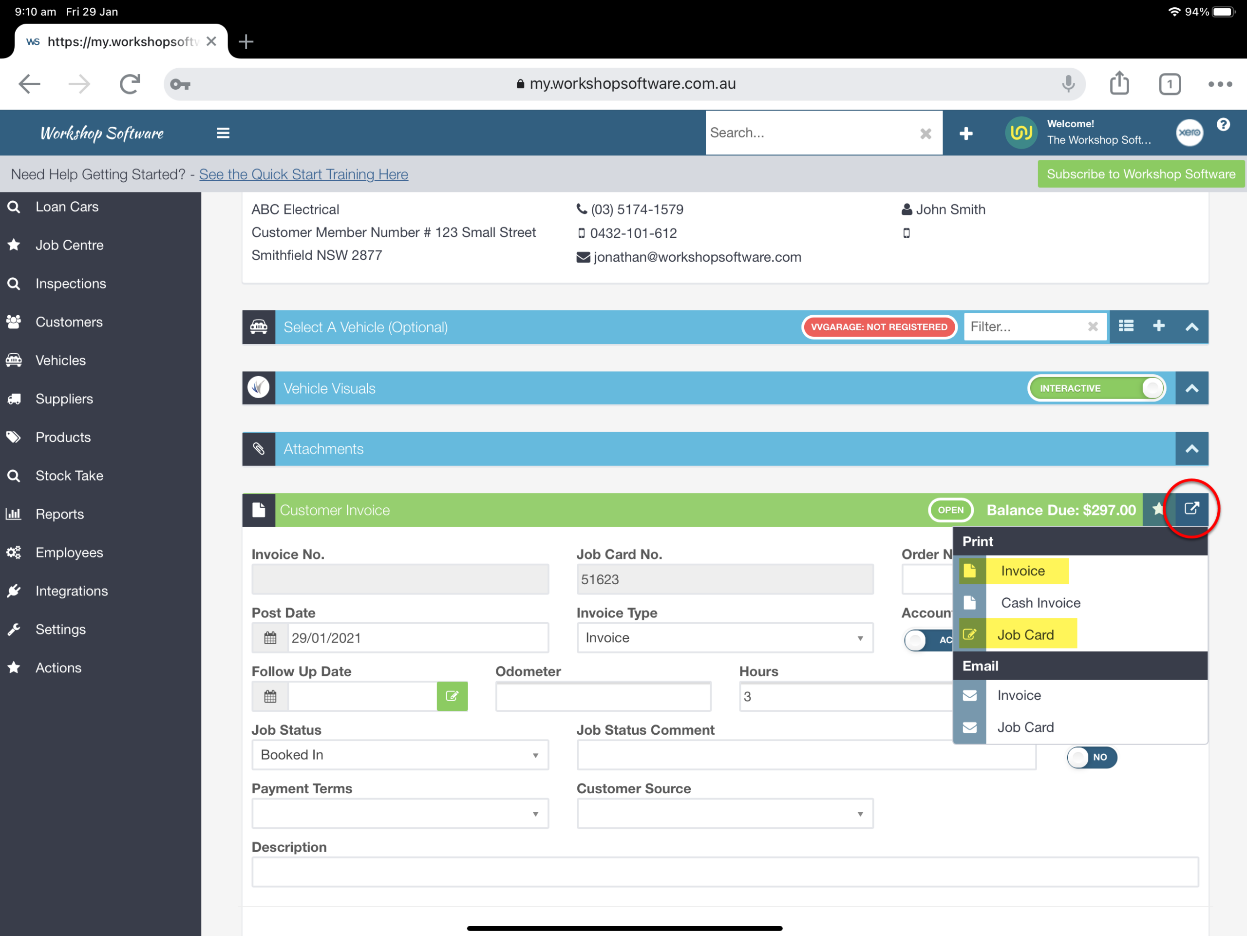 Tablet showing a customer invoice with the actions menu open listing the print options for the invoice and job card