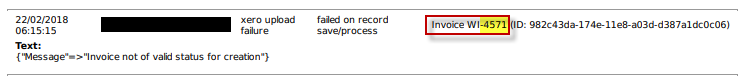Event log entry with the invoice number highlighted, showing the message that the invoice is not of valid status for creation