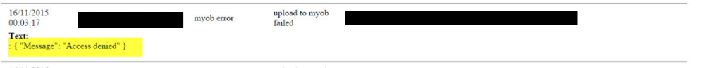 Event log showing a MYOB upload failure with the message Access denied