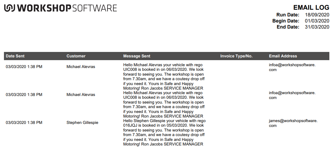 Workshop Software run a email log report showing date range you want the report to cover and then click on the 'green prin...