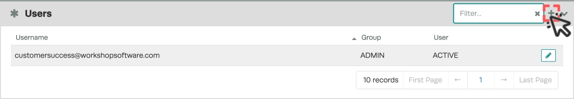 A screenshot of the Users card, the + icon used to add a new user is highlighted