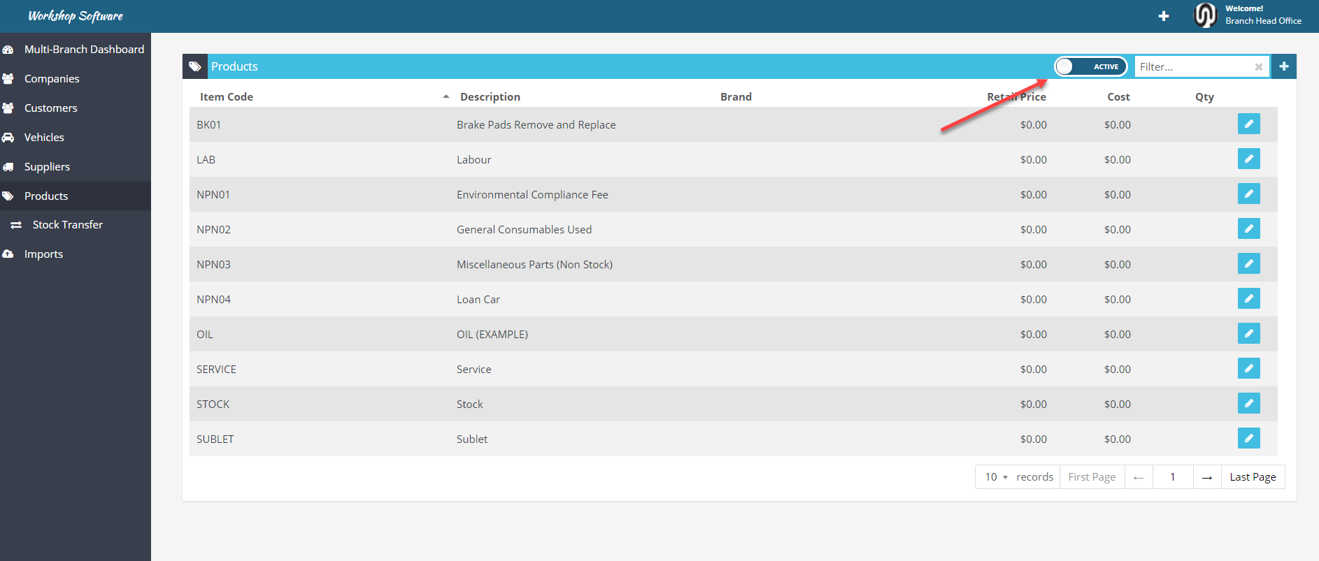 Workshop Software screen showing you can look at inactive products by switching the 'active' toggle