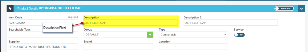 Product Details screen with the Description field highlighted