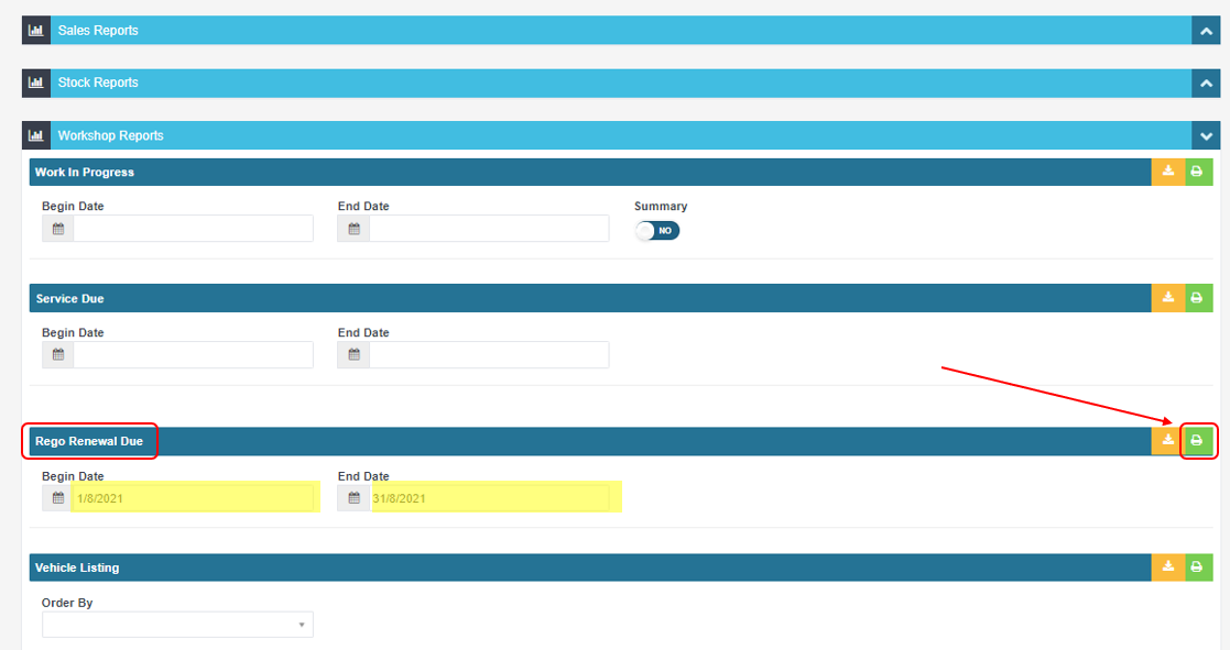 Workshop Reports with the Rego Renewal Due section expanded and the green printer icon highlighted