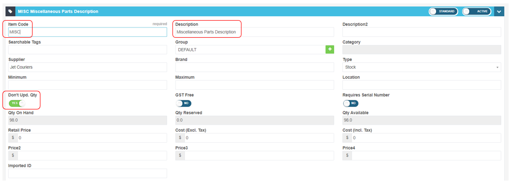 Miscellaneous parts product record with the item code, description and quantity settings highlighted