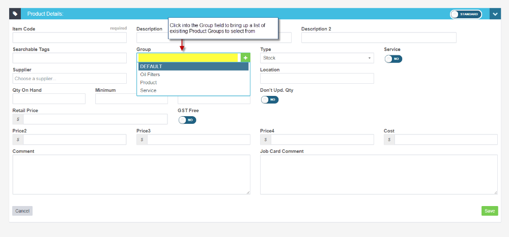 Workshop Software screen showing to add a new or existing product to an existing product group click on into t...