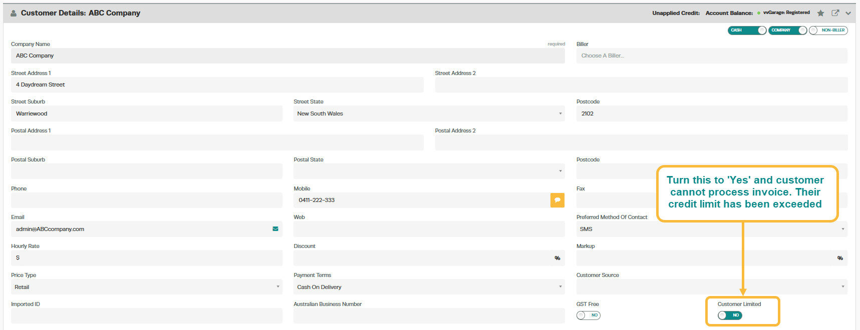 Workshop Software screen showing to stop the customer from receiving credit, set the 'customer limited' toggle...