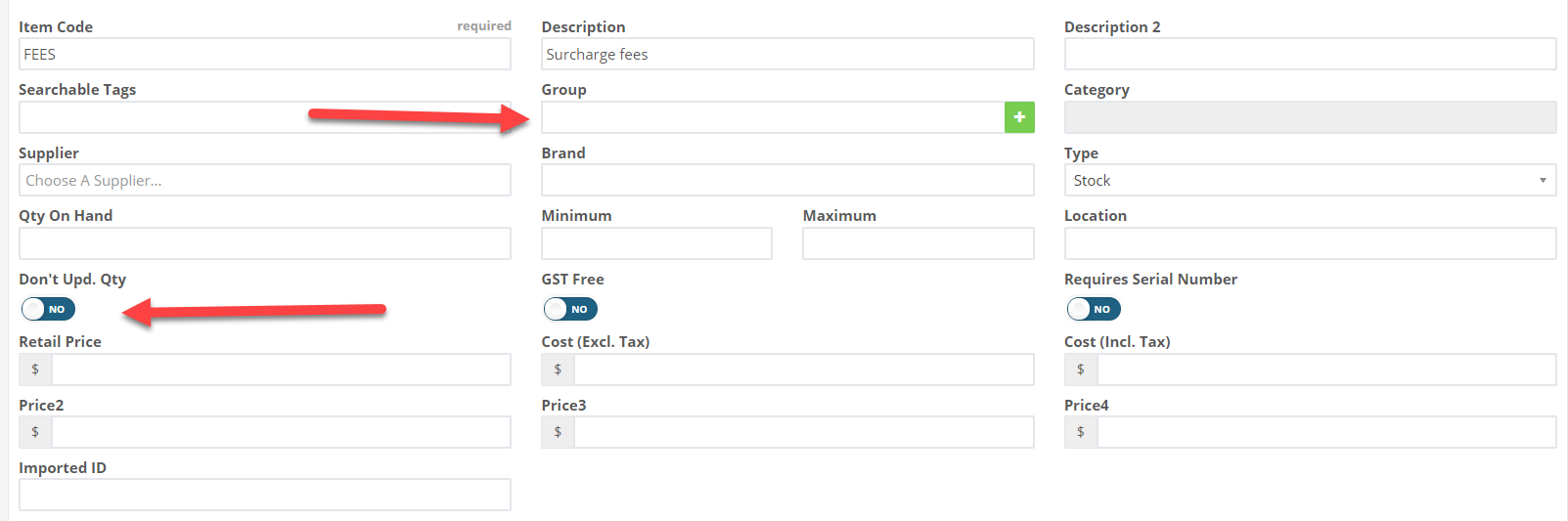 Workshop Software screen showing qty toggle change to yes > you will need to speak with your accountant to fin...