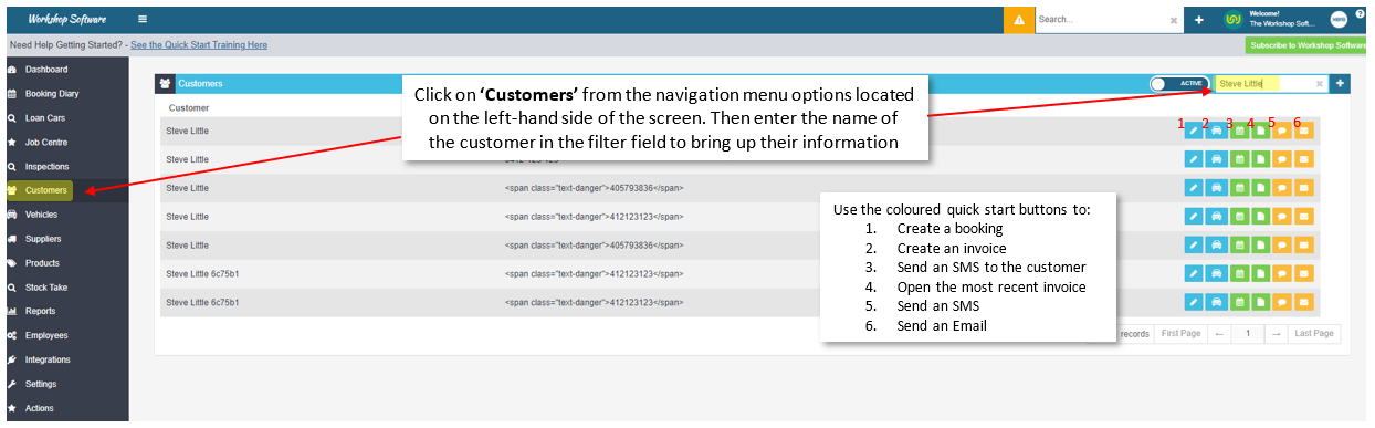 Workshop Software screen showing once the customer comes up you can click to view the customer details screen ...