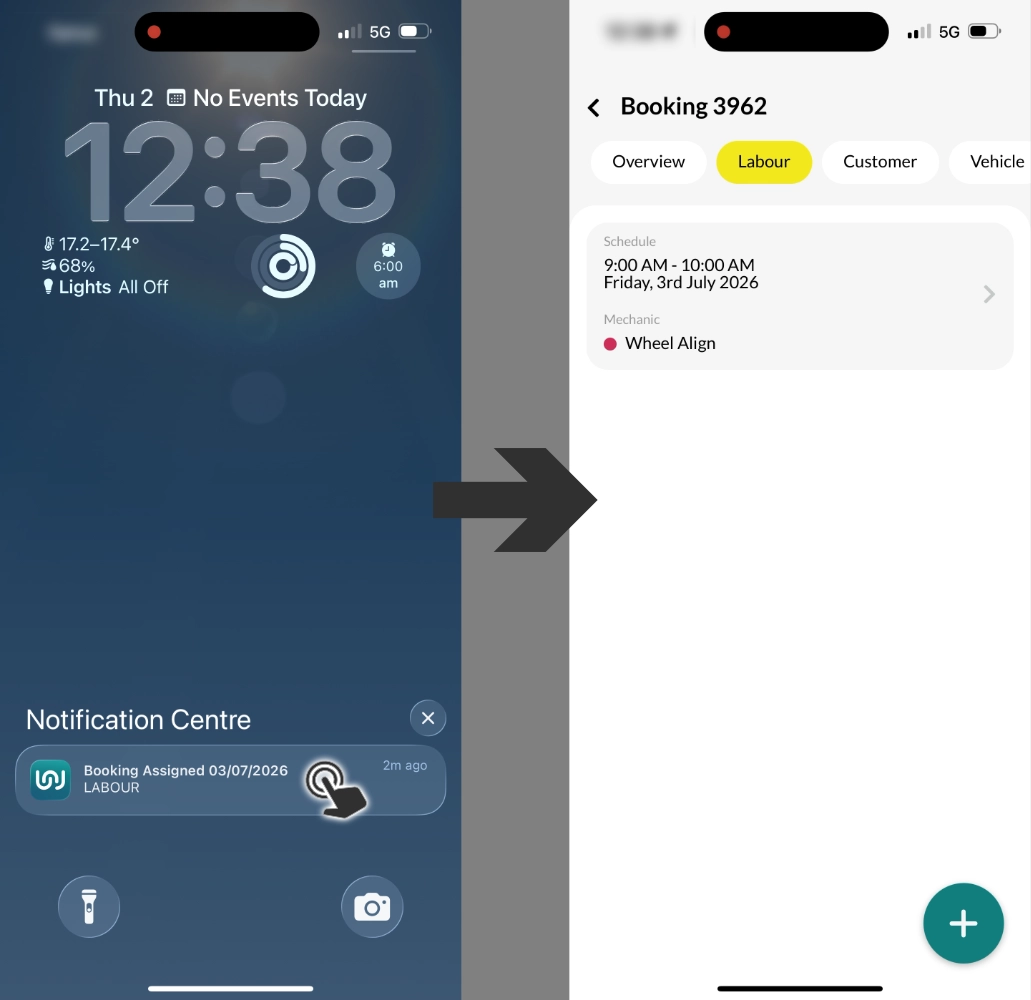 Two iPhone screenshots showing a tap to a Booking Assigned notification opening the related booking in Workshop Software's Mobile App.