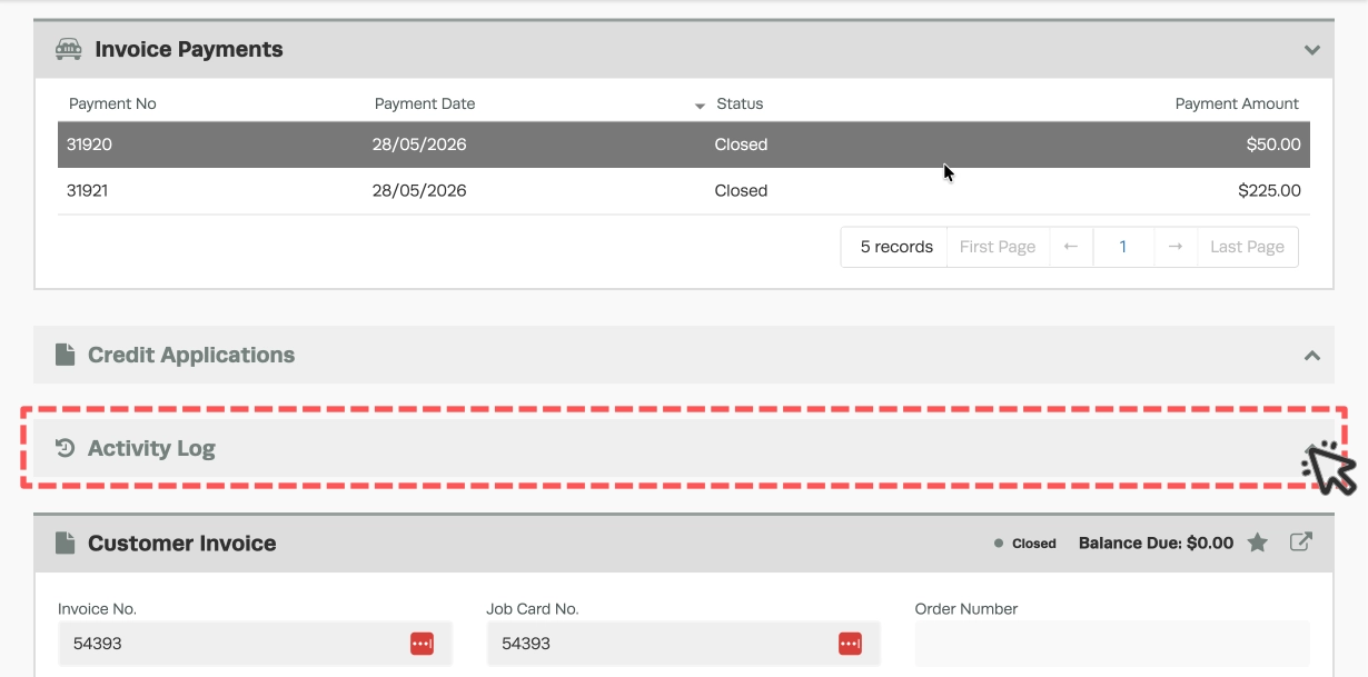A screenshot of a section of the Invoice Page in Workshop Software. The Activity Log banner is highlighted with a red box and cursor indicating to click the arrow on the right of the banner.