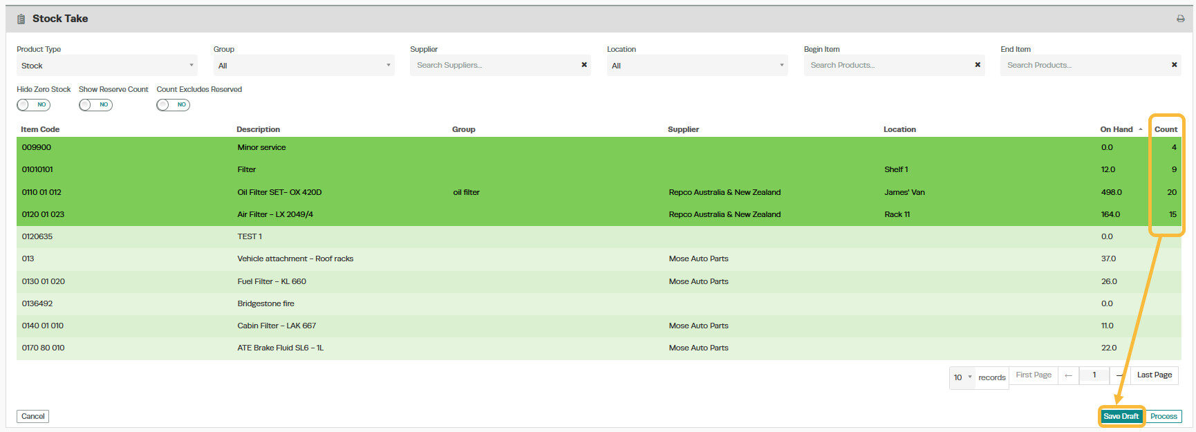 Workshop Software screen showing you can save the stock take as you go by clicking on the green 'save draft' b...