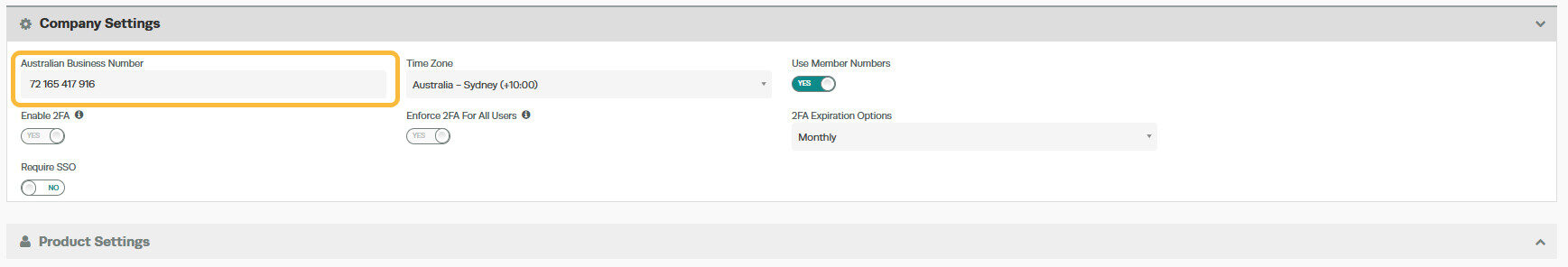 Workshop Software screen showing under the heading 'company settings' , enter your abn into the australian bus...