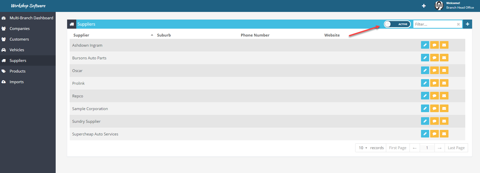 Workshop Software screen showing you can look at inactive suppliers by switching the 'active' toggle