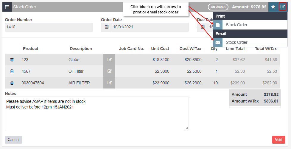Workshop Software screen showing once the order is processed you can either print and fax or email the order t...