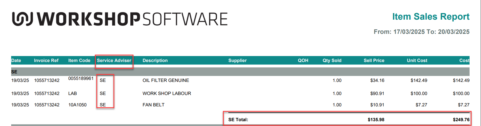 Workshop Software Item Sales Report grouped by Service Adviser, with the adviser code column and the SE Total row highlighted