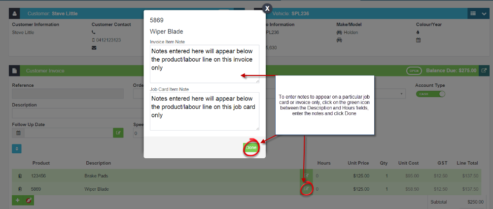 Workshop Software screen showing to enter notes to appear under a product or labour line on a particular job c...